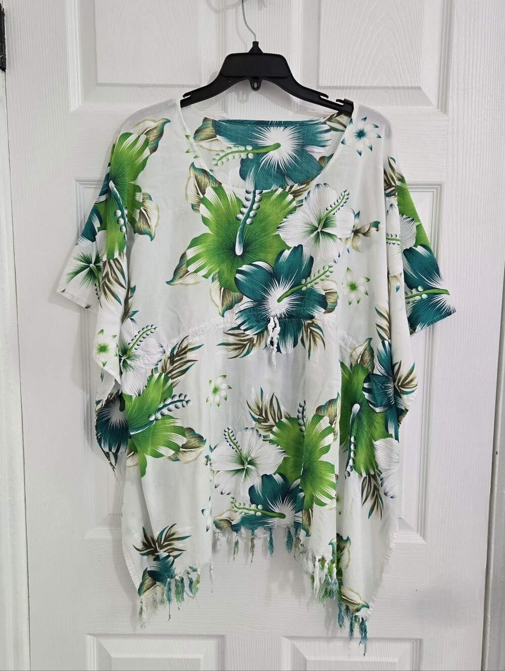 Tropical Hawaiian Floral Kimono Cover-Up Poncho Tassel Boho Resort Beachwear